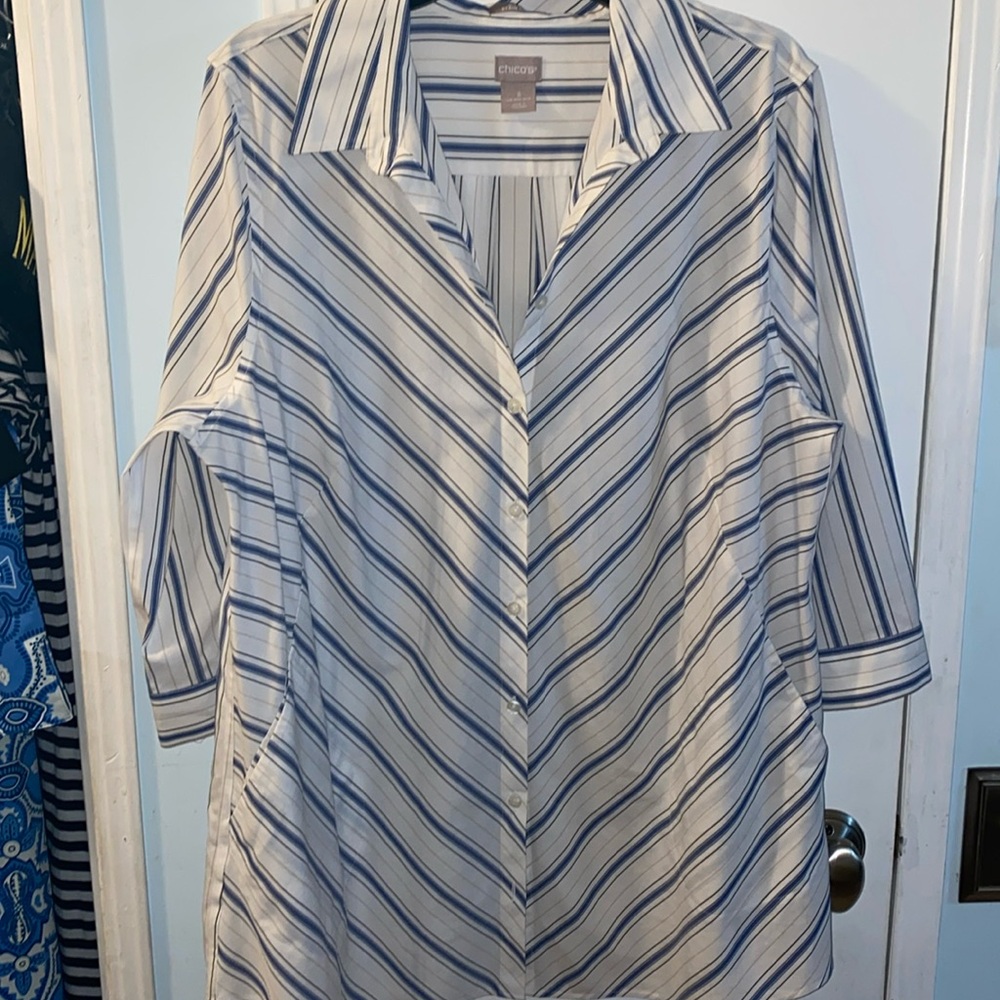 Chico size 3 striped blouse, 3/4 sleeve white blue gray tan stripes with pockets